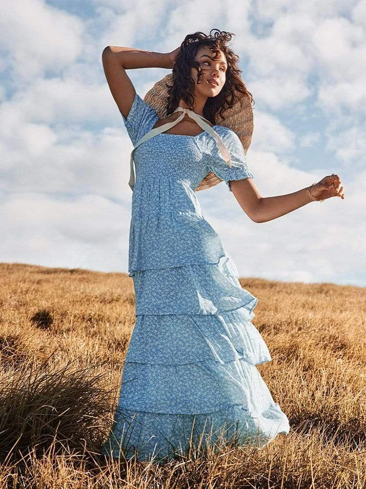 

Jastie Backless Lace-up Cake Skirt Dress Women Elegant Square Collar Blue Printed Maxi Dresses Temperament Ladies Dress Vestido