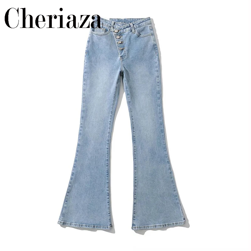 

2022Springtime New Style Female European And American Style Diagonal Buckle Jeans Leisure Versatile Solid Color Flared Trousers