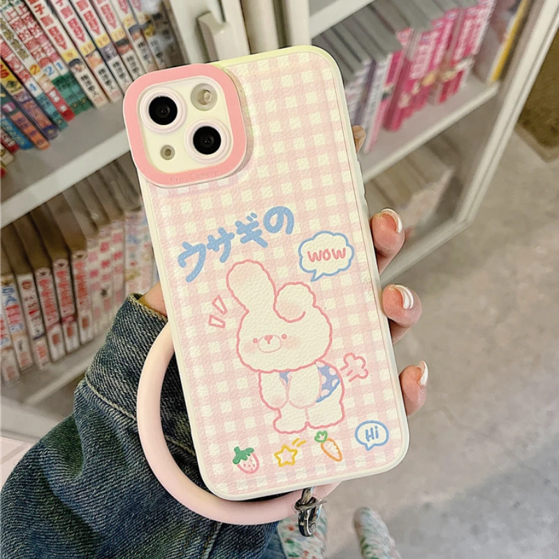 

Cute Pink Grid Rabbit Leather Bracelet Phone Case For iPhone 13 11 12 Pro X XR XS Max MINI 7 8Plus Shockproof Cartoon Soft Cover