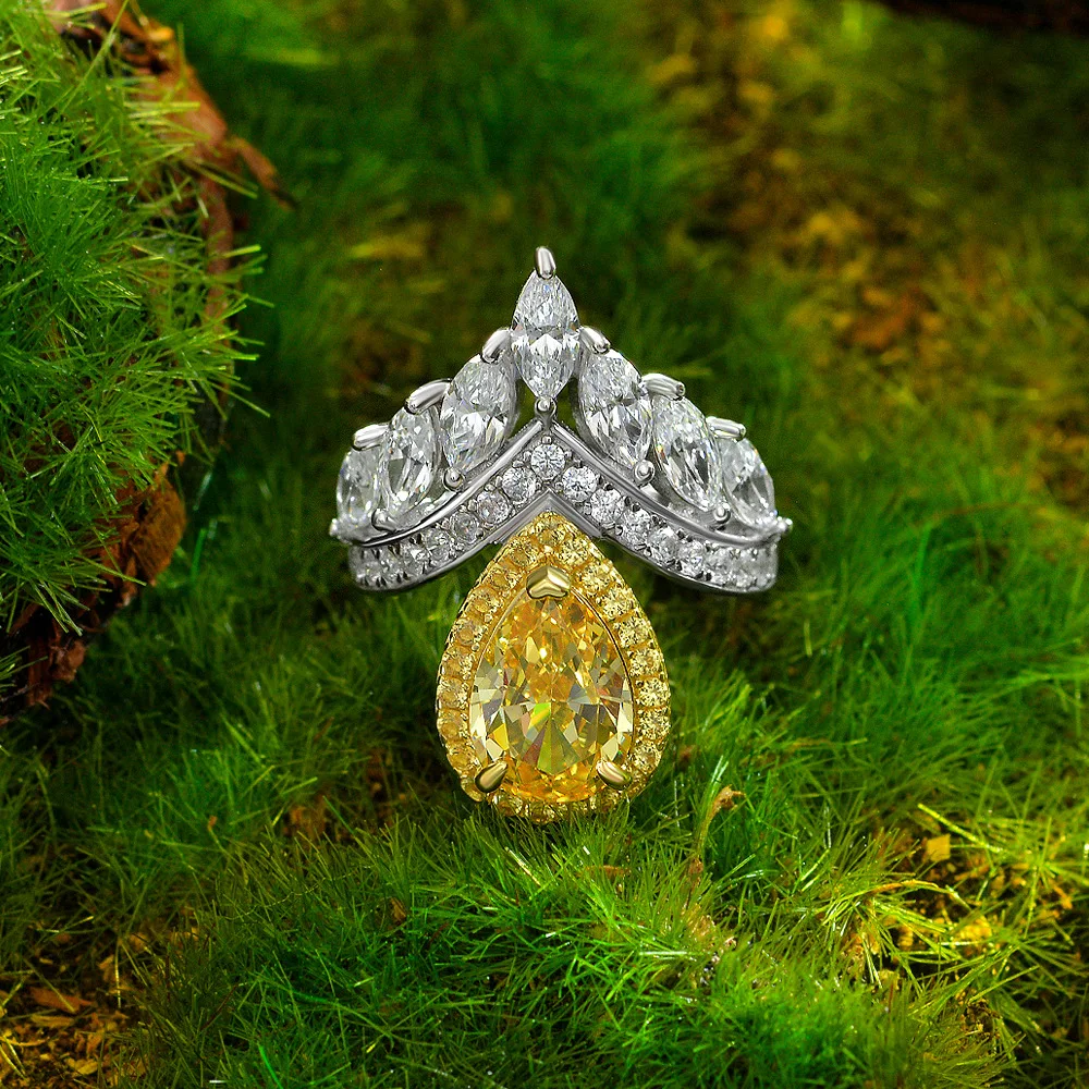 PANSYSEN Bohemia Real 925 Sterling Silver 7x10MM Pear Cut Simulated Moissanite Citrine Gemstone Rings for Women Fine Jewelry