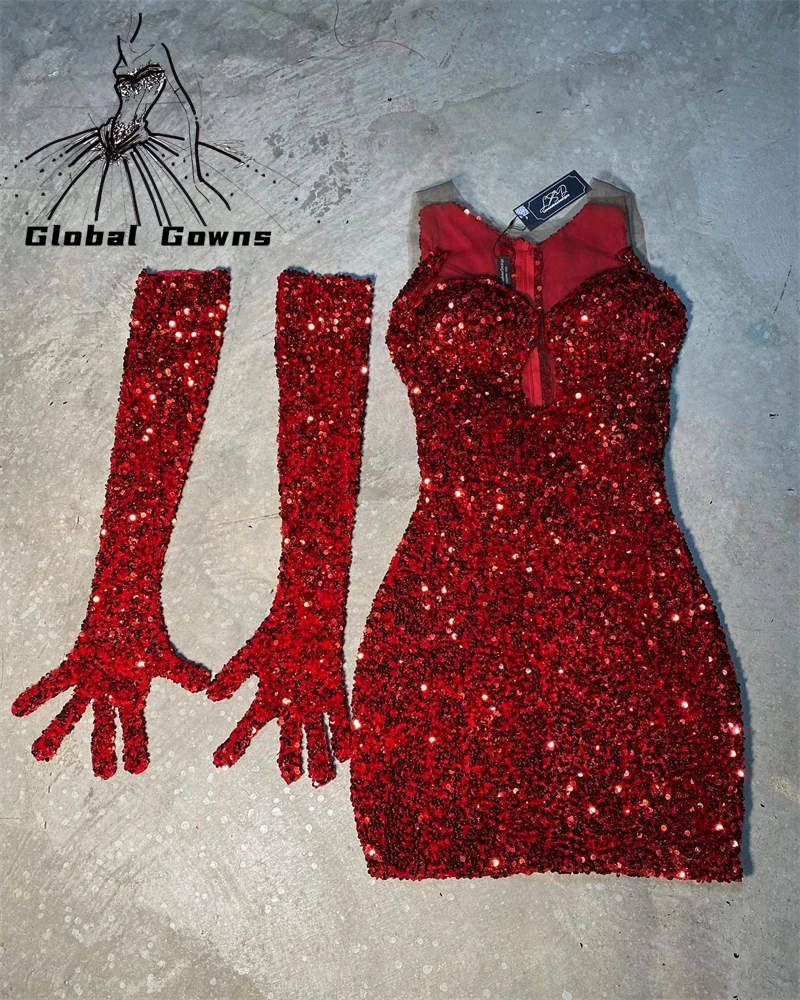 

Sexy Red Sweetheart Short Prom Dresses Sequined Birthday Party Gowns With Gloves Mini Cocktail Homecoming Robe De Bal