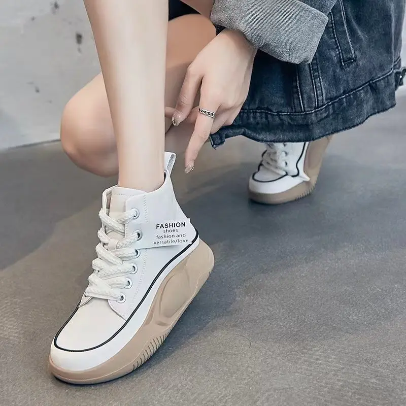 

2023 Sneakers Women Fashion Chaussure Femme Casual High Shoes Black Woman Ladies Platform Lace-up 4CM Heels Shoe Tenis Feminino