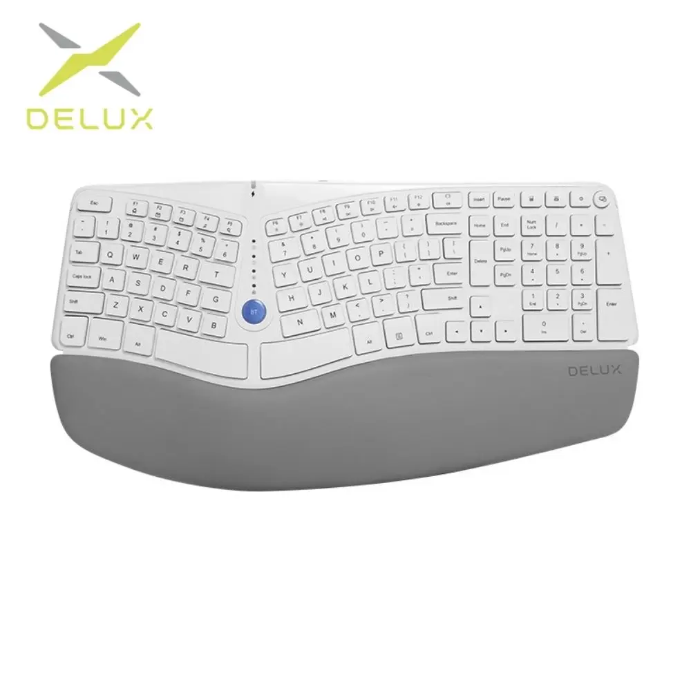 Delux GM901D Wireless Ergonomic Split Keyboard With 2.4G USB and BT(BT1+BT2) AAA Battery Soft Palm Rest for Windows and Mac