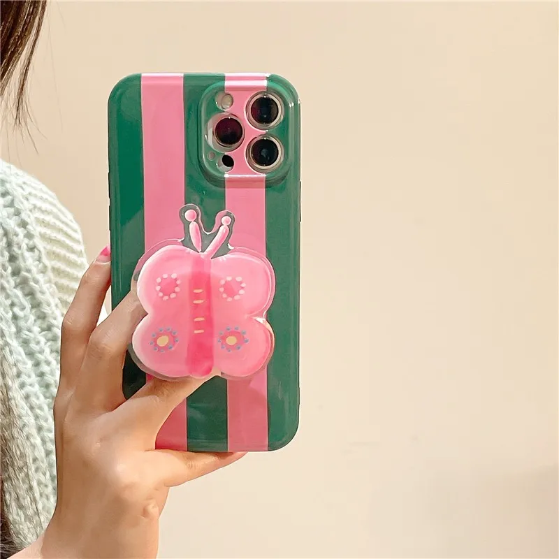 

Fashion Cute Vertical Stripes Butterfly Folding Stand Girl Soft Case For Iphone 11 12 13 Pro Max 7 8 Plus Xr X Xs Cover Fundas