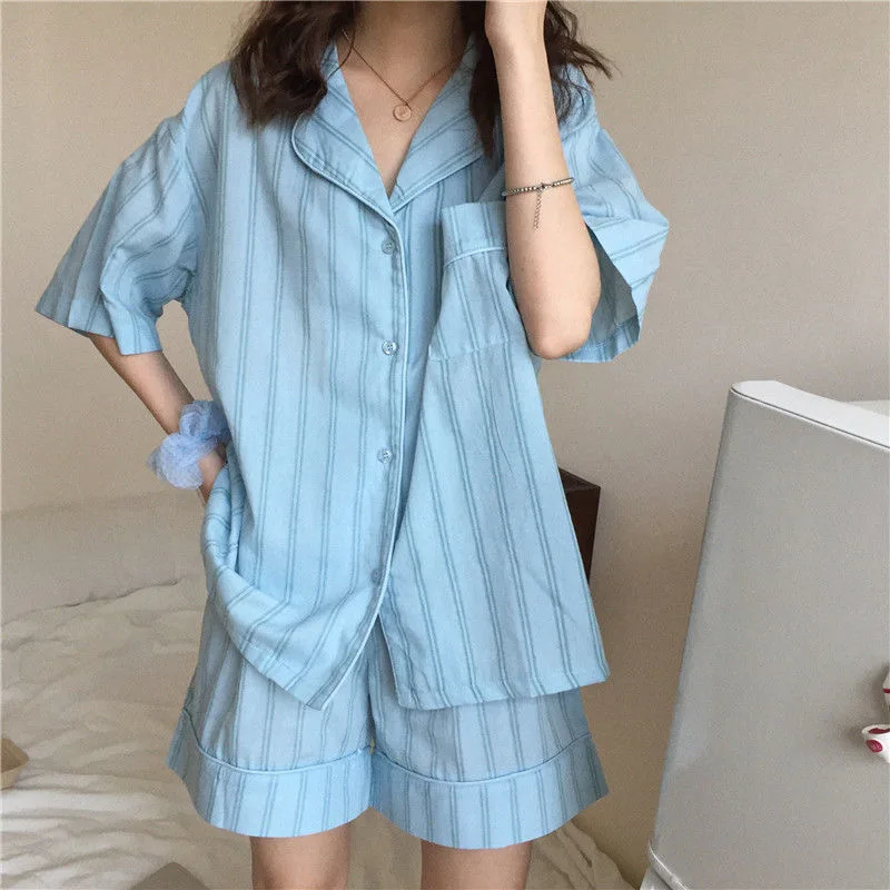 Pajamas for Women Summer Korean Sweet Sleepwear Girls Striped Lapel Home Clothes Kawaii Plus Size Loose Pijama Ladies Pyjama Set