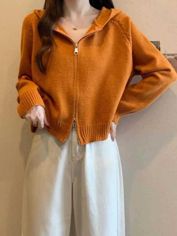 Розово-красный свитер с капюшоном верхняя одежда женский осенне-зимний больших