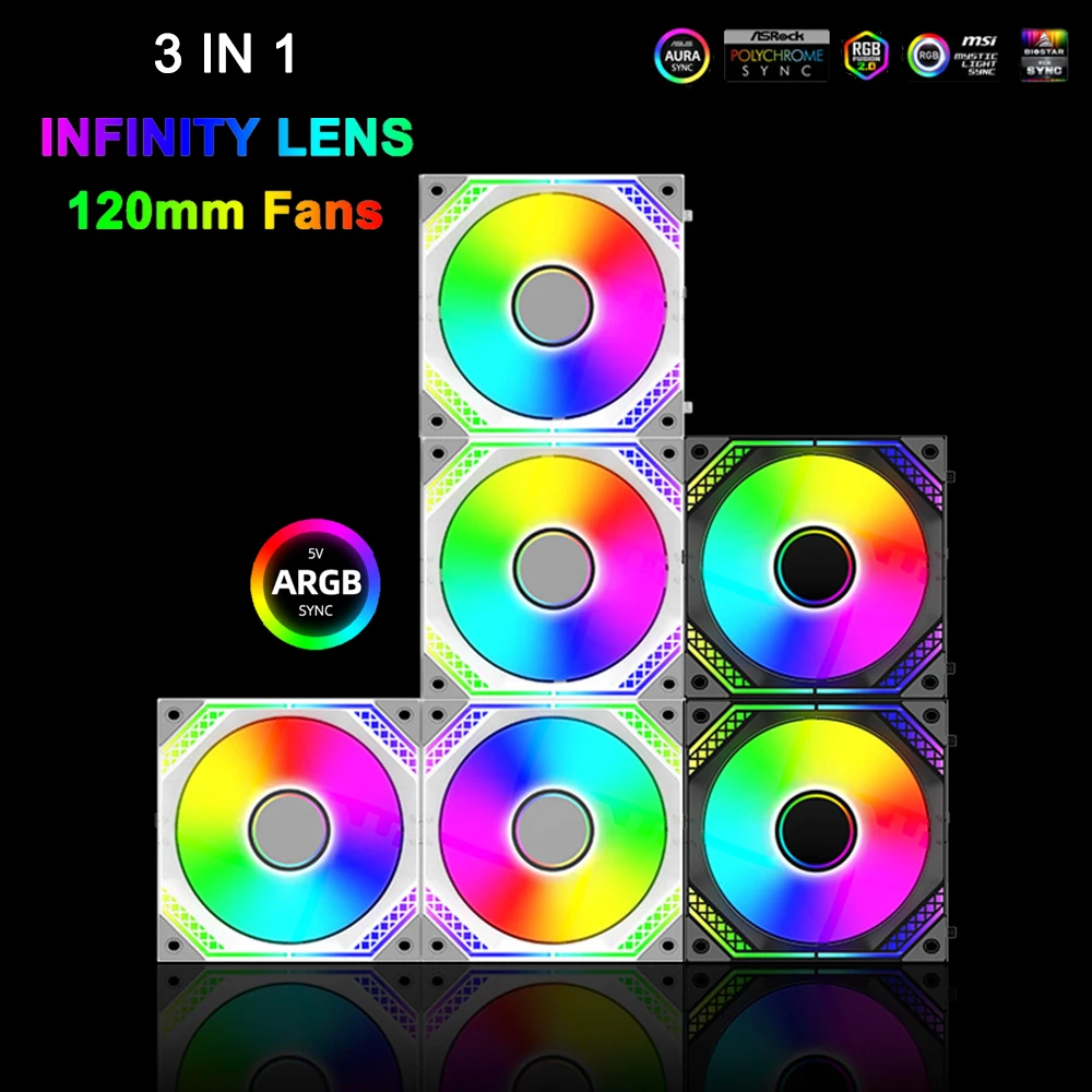 

120mm Forward/Reverse Splicing Fans Infinity PC Case Mirror RGB Fan 5V 3Pin ARGB Sync CPU Cooler 12V 4Pin PWM Accessories