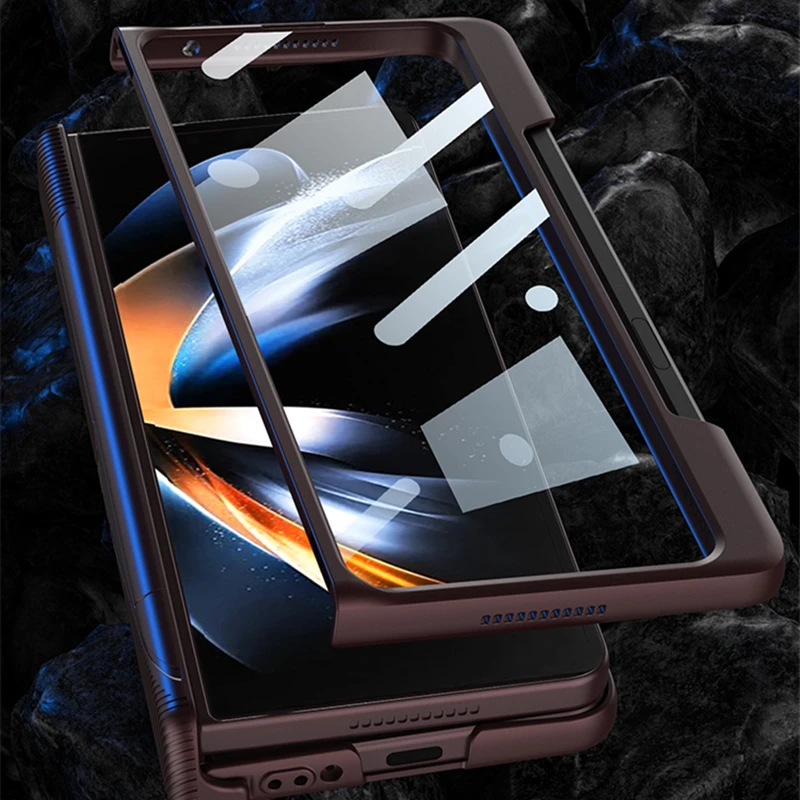 Magnetic Hinge Case for Samsung Galaxy Z Fold 4 5G Cover Side Pen Holder Hard PC Front Film 360 Full Protection Case No Pen