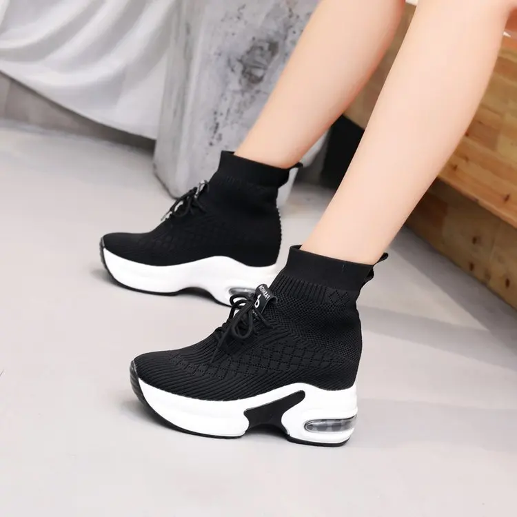 

Женские кроссовки-носки, летняя обувь для бега на платформе, повседневные тканевые туфли на толстой подошве, со шнуровкой, средней высоты из искусственной кожи, римская обувь для отдыха, 2023