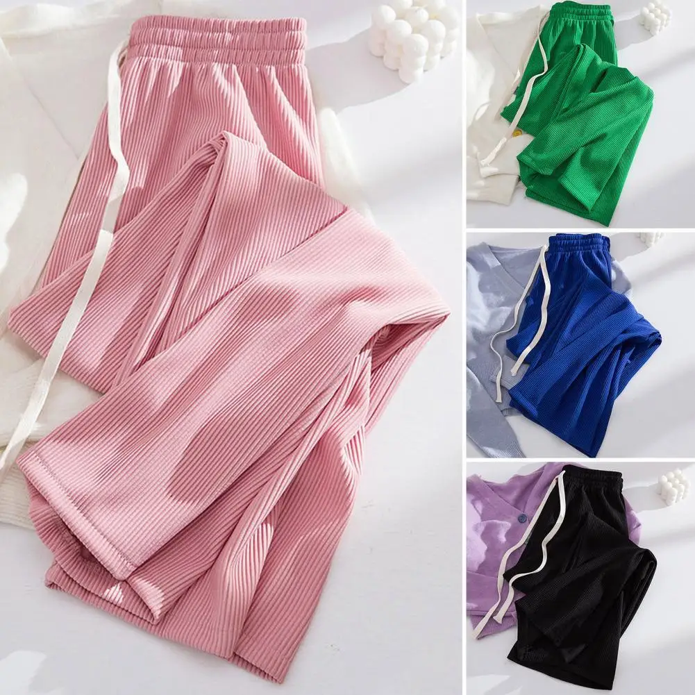 

High Waist Drawstring Elastic Waistband Summer Trousers Women Ribbed Straight Wide Leg Pants Lady Clothing Women's Loose Pants