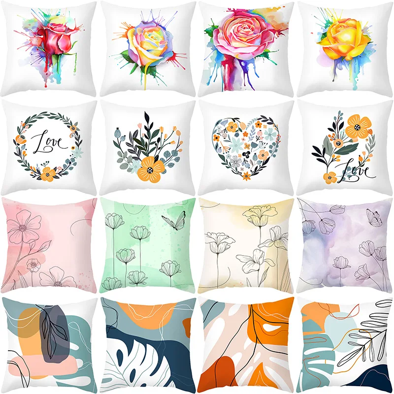 

Floral Theme Heart Pillow Case Rose Pattern Dust-proof Cushion Covers 45*45 Living Room Abstract Style Decorative Pillowcase