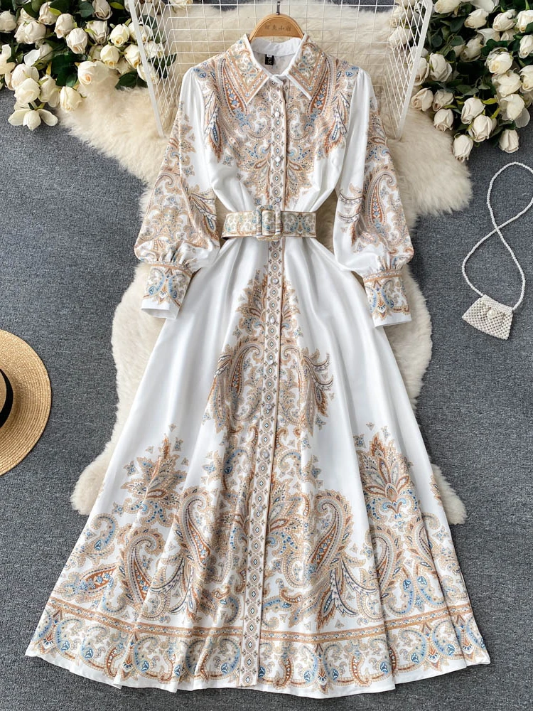 

LY VAREY LIN New Spring Autumn Print Dress Women Elegant Lapel Single Breasted Long Dress with Belt Fashion Slim A-line Dress