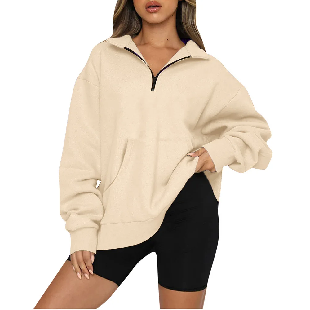 Women's Clothing 2022 Autumn and Winter New Pocket Top Half Zipper Pullover Long-sleeved Sweatshirt Sweater Women