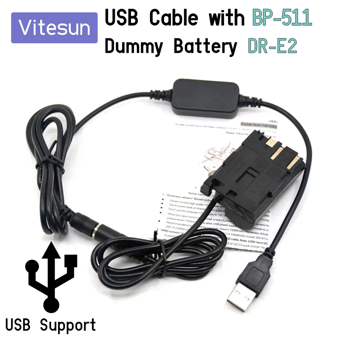 USB-кабель-адаптер Vitesun 5 В + фиктивная батарея BP-511 DR-E2 DR-400 для камеры Canon ACK-E2 EOS 5D 10D 20D