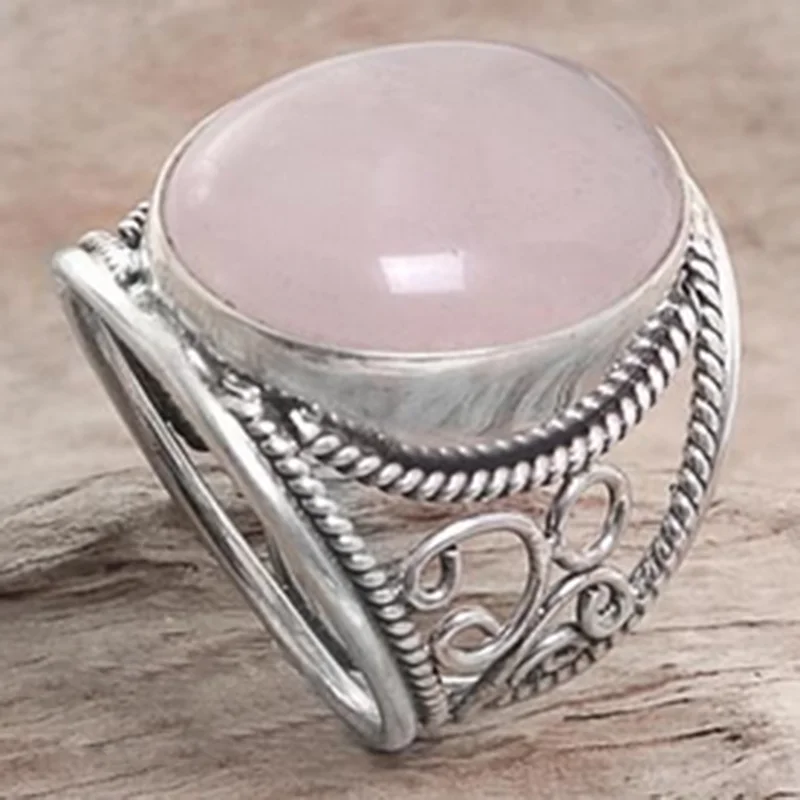 

Fashion Hollow Out Antique Silver Color Pink Crystal Quartz Ring Engraving Geometric Pattern for Women Men Party Jewelry