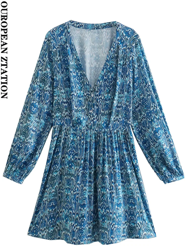 

PAILETE Для женщин 2022 мода передняя металлическая пуговица с животным принтом мини-платье винтажные v-образный вырез с длинным рукавом женские ...