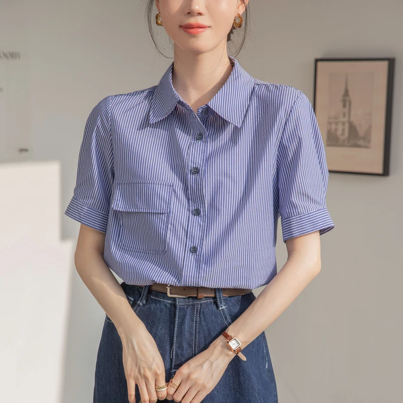 Женская рубашка с коротким рукавом и отложным воротником Офисная Повседневная