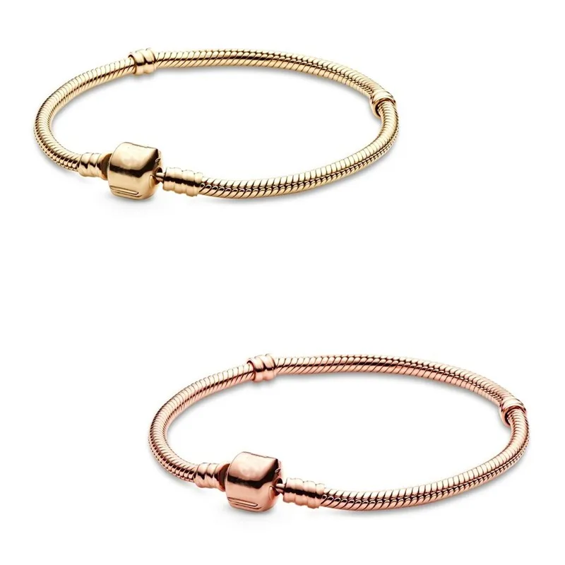

Authentic 925 Sterling Silver Moments Rose Gold Barrel Clasp Snake Chain Bracelet Bangle Fit Bead Charm Diy Fashion Jewelry