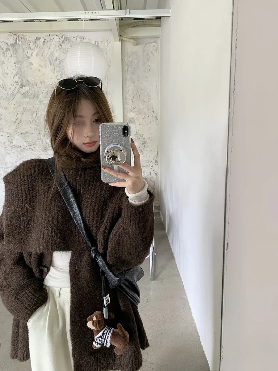 Outdoor Retro Stacked Knitted Shawl Scarf Women Winter Horn Buckle Turtleneck sweater Cardigan Outerwear Two-piece Set