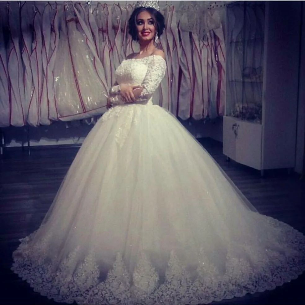 

vestido de novia Off the Shoulder Saudi Arabia Ball Gown Wedding Dresses Lace Arabic Puffy WEdding Gown 2016