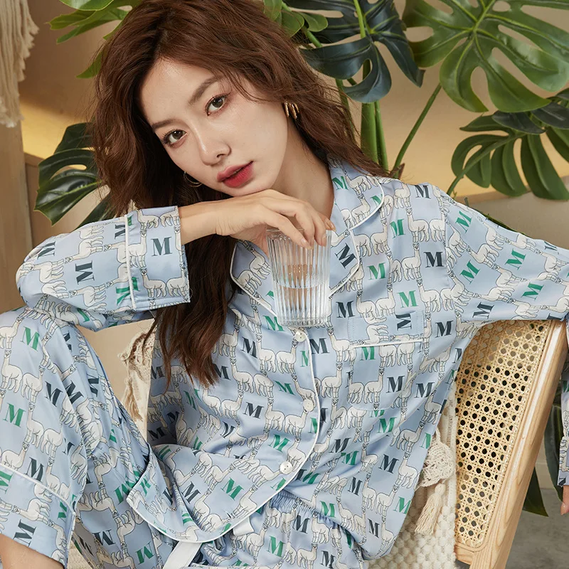 100% Silk Pajamas Women's Summer Ice Silk Long Sleeve Pants Two Pieces Ladies Simple Casual Loose Homewear Luxury Sexy Pjs