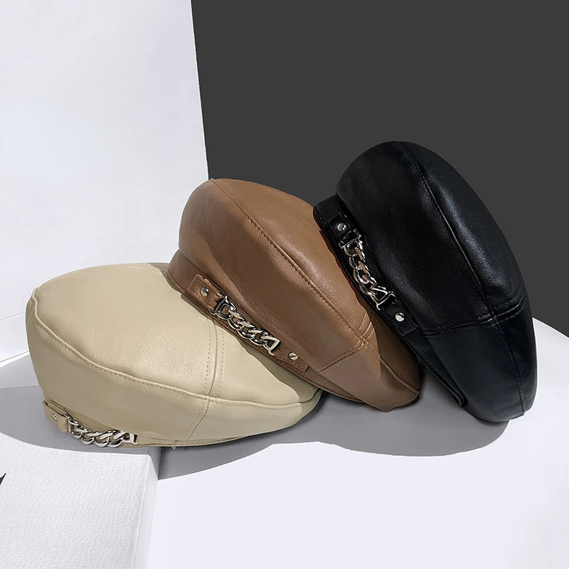 

Vintage Women Beret Solid Beret Cap Pu Leather Chain Beret French Artist Warm Beanie Hat Female Ladies All-Match Adjustable Hat