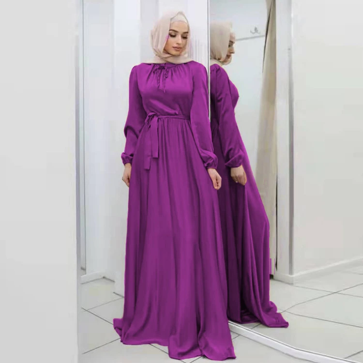 Muslim Fashion Satin Wrap Dress Ramadan Belted Abaya Dubai Turkey Arabic Long Sleeve Maxi Dresses Women Islam Clothing Robes