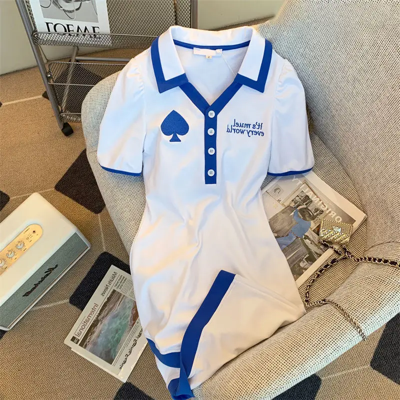 

Женское летнее платье с воротником-поло, роскошная дизайнерская облегающая футболка с узкой талией, женское свободное корейское модное платье, женская одежда