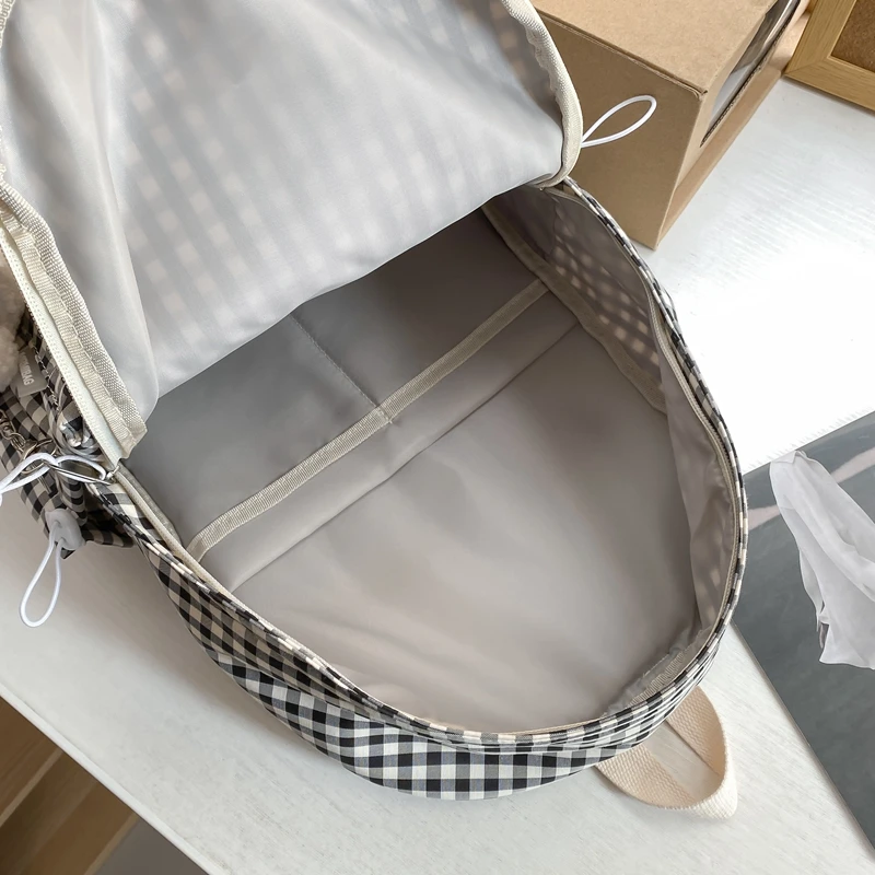 College Students Waterproof Nylon Backpack Schoolbag Girls Plaid Travel Double Shoulder Bag Female Cute Schoolbag