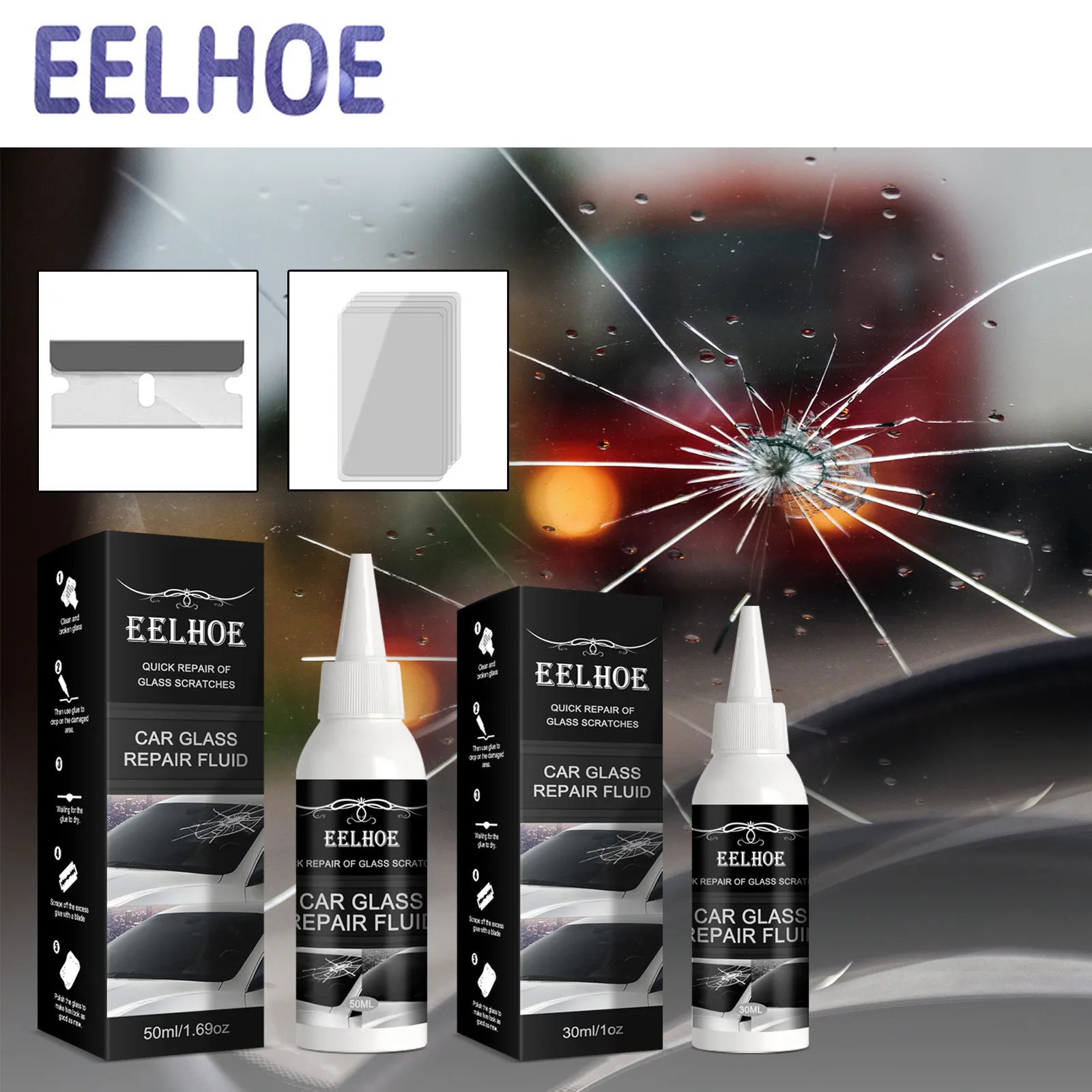 

EELHOE Glass Repair Solution, Multi-Functional All-Purpose Cleaner for Windshield, Repairs Chips and Cracks in Auto Glass
