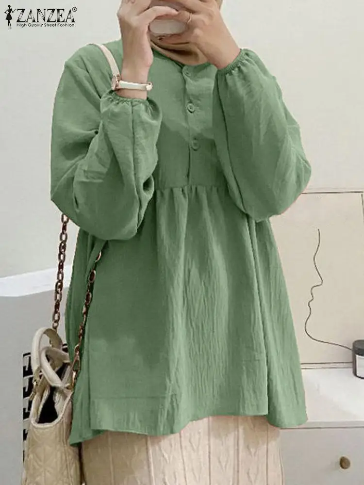 

Модная однотонная мусульманская блузка ZANZEA, женская рубашка с длинным рукавом и круглым вырезом, осенние элегантные топы в турецком стиле, винтажная женская блузка 2023