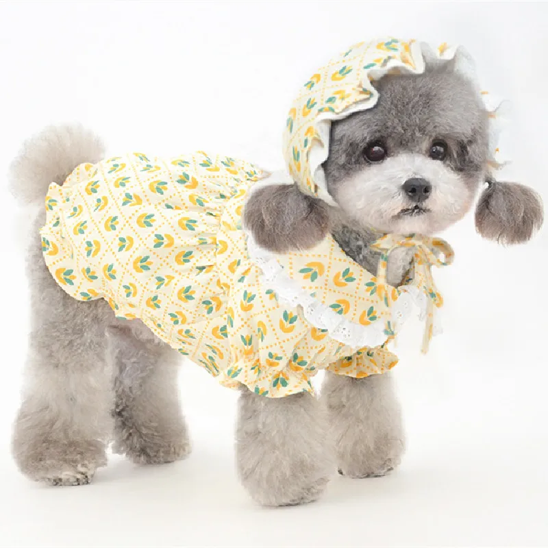 

Summer Dog Dress Hat Cute Cat Clothes Skirt Sunhat Girl Dog Clothing Dresses Yorkshire Pomeranian Bichon Poodle Maltese Costumes