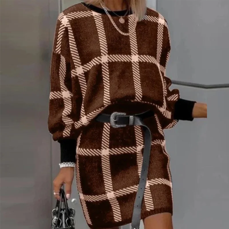 

Plaid knitted two-piece suit sexy autumn Dress women elegant winter sweater dress Sexy female fashion party short dress