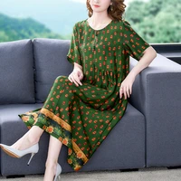 2022 floral mulberry silk short sleeve midi dress women elegant loose waist plus size dress summer korean vintage casual vestido