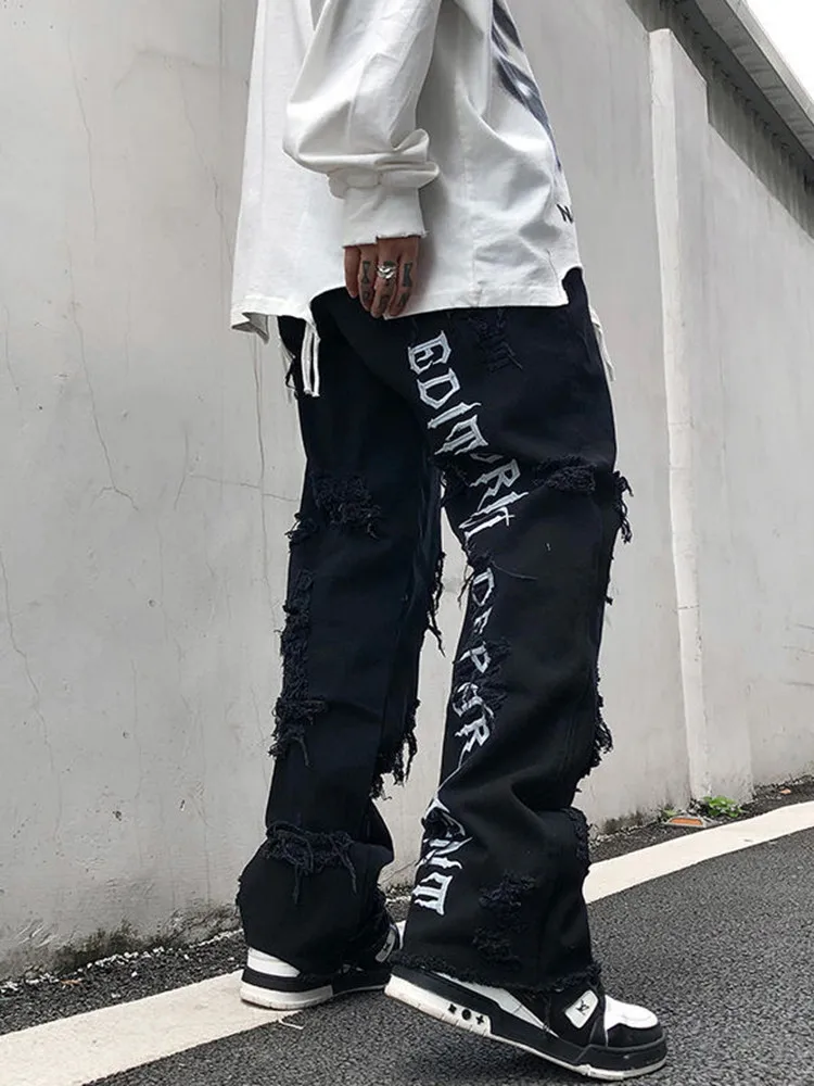 

High Street Jeans Ripped Black Wide Leg Pants High Waist Harajuku Fashion Casual Straight Trousers Baggy Men Bottom 2022 Spring