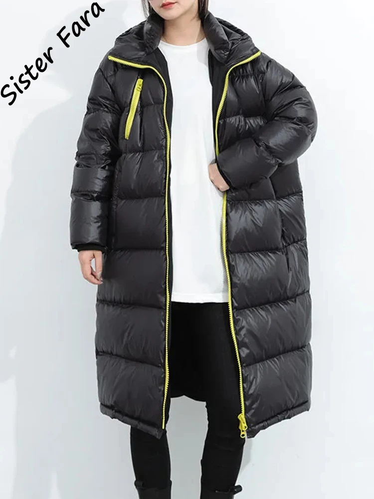 Sister Fara White Duck Down Jacket Thicken Hooded Warm Over-The-Knee Coat Unisex Winter Black Long Down Parka Puffer Jacket Coat