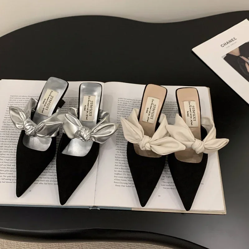 Женские мюли с острым носком летние тапочки в уличном стиле бантом сексуальная