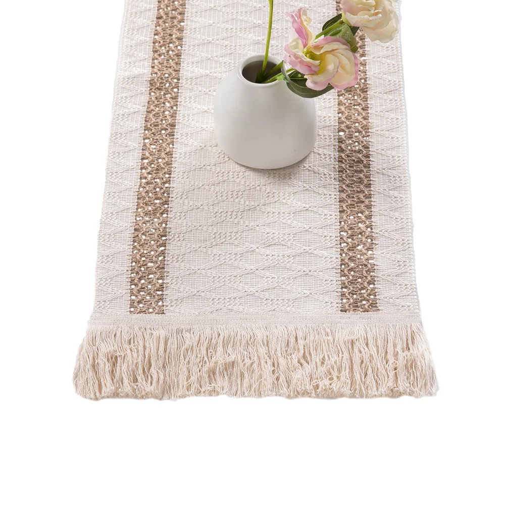 

Table runner new style cotton and linen mixed color table cloth tea table cloth bohemian style tassel table runner