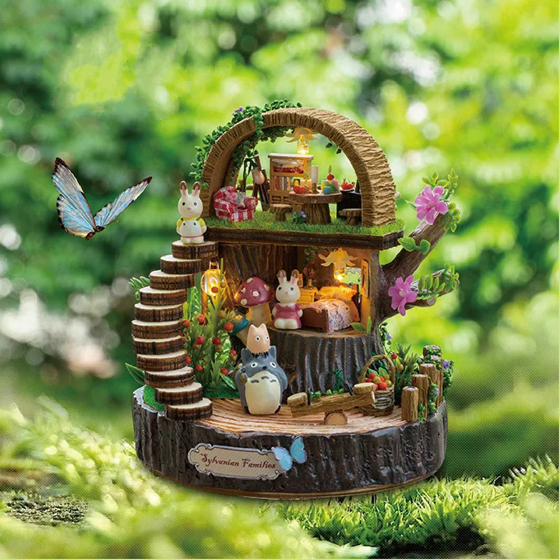 

LED Forest Totoro Figure doll house furniture diy dollhouse wood diy doll house miniature dollhouse furniture children Toy gift