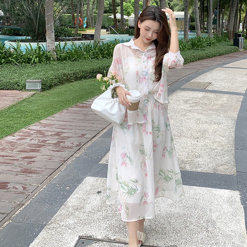 Женский костюм большого размера с цветочным принтом рубашка и трапециевидная