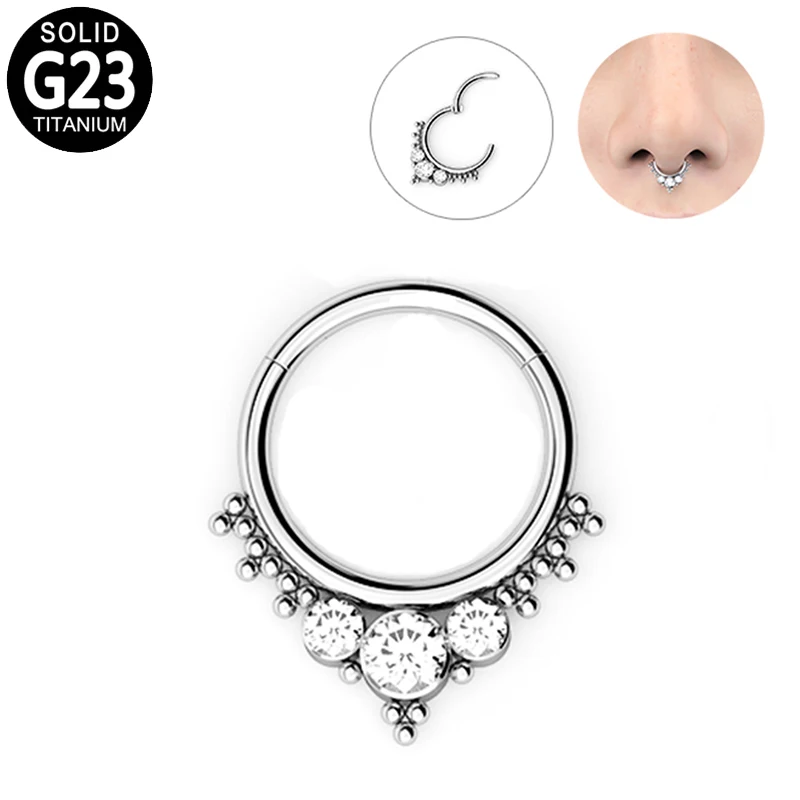 

G23 Titanium Segment Nose Ring 3 CZ Cluster Bead Hinged Septum Clicker Lip Ear Cartilage Ear Helix Earring Piercing Jewelry