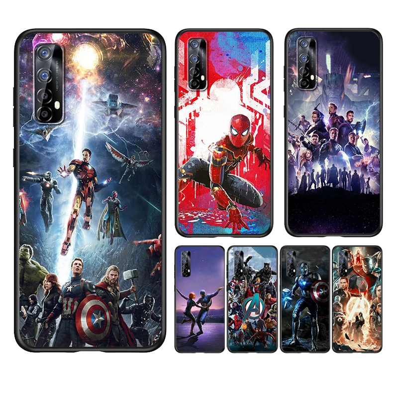 Силиконовый черный чехол Avenger с супергероями Marvel для Realme 9 8 7 6 5 9i 8i 7i 6i Global Pro Plus C2 C3 -