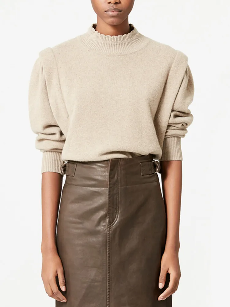 

Women Sweater Stand Collar Ruffles Long Sleeve Jumper