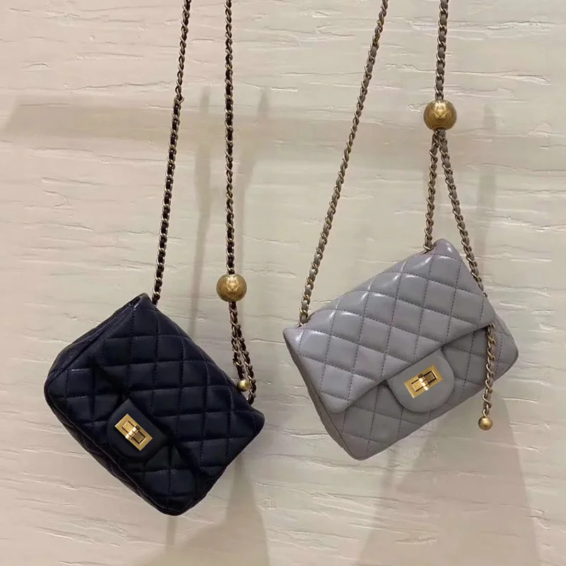 

high quality luxury brand New golden ball square fat Ling lattice chain one shoulder messenger leather small fragrance gold bead