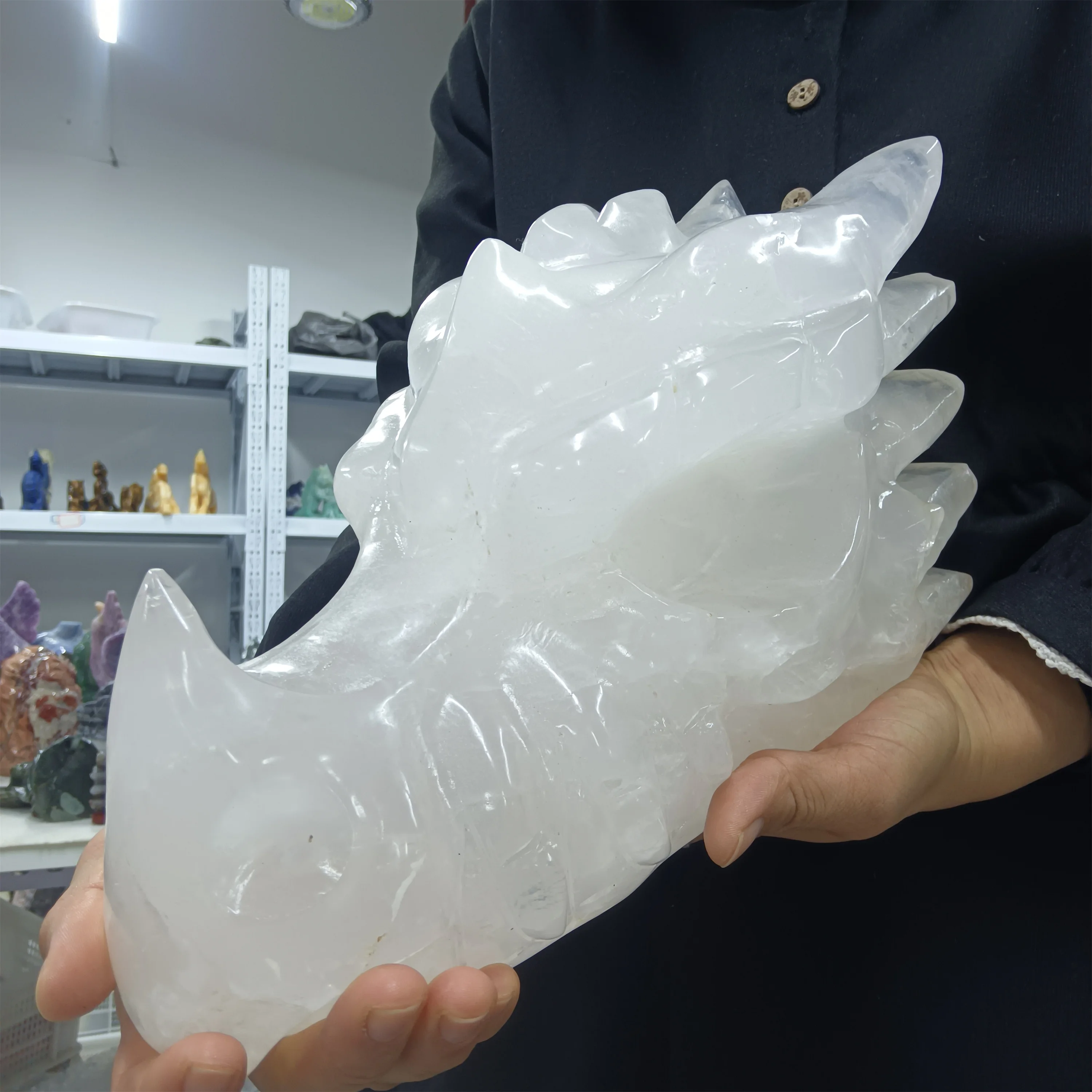 Natural White Quartz Dragon Head Bone Crystal Mineral Reiki Healing Wealth Demagnetization Decor