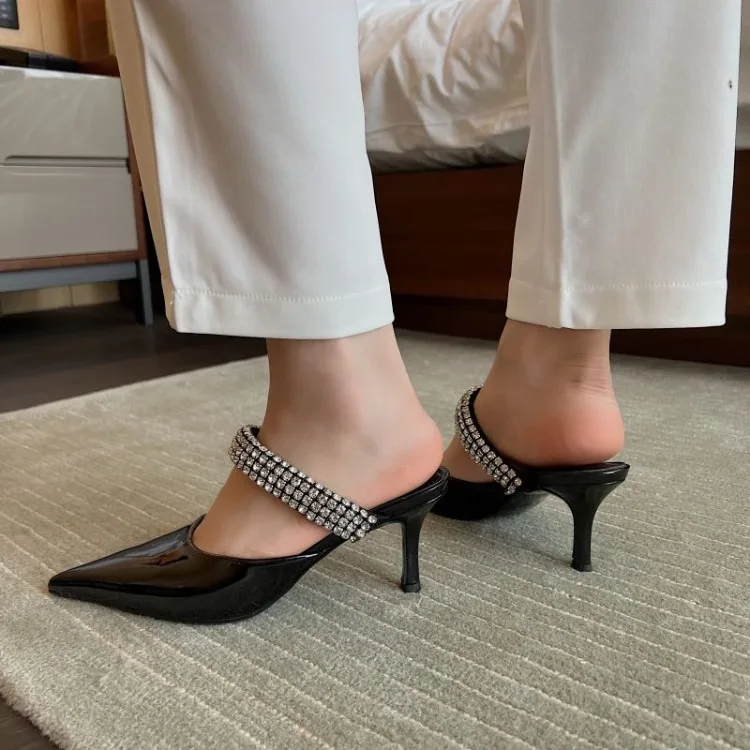 Women Japanned Leather Band Pointed Toe Slippers Crystal High Heels Party Shoes Backsling Sandalias Mujer Sandals