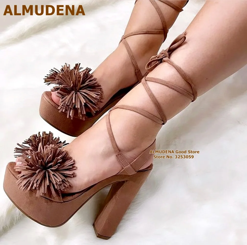 

ALMUDENA Coffee Suede Block Heel Fringe Sandals High Platform Fluffy Tassel Lace-up Summer Shoes Chunky Heel Pumps Dropship