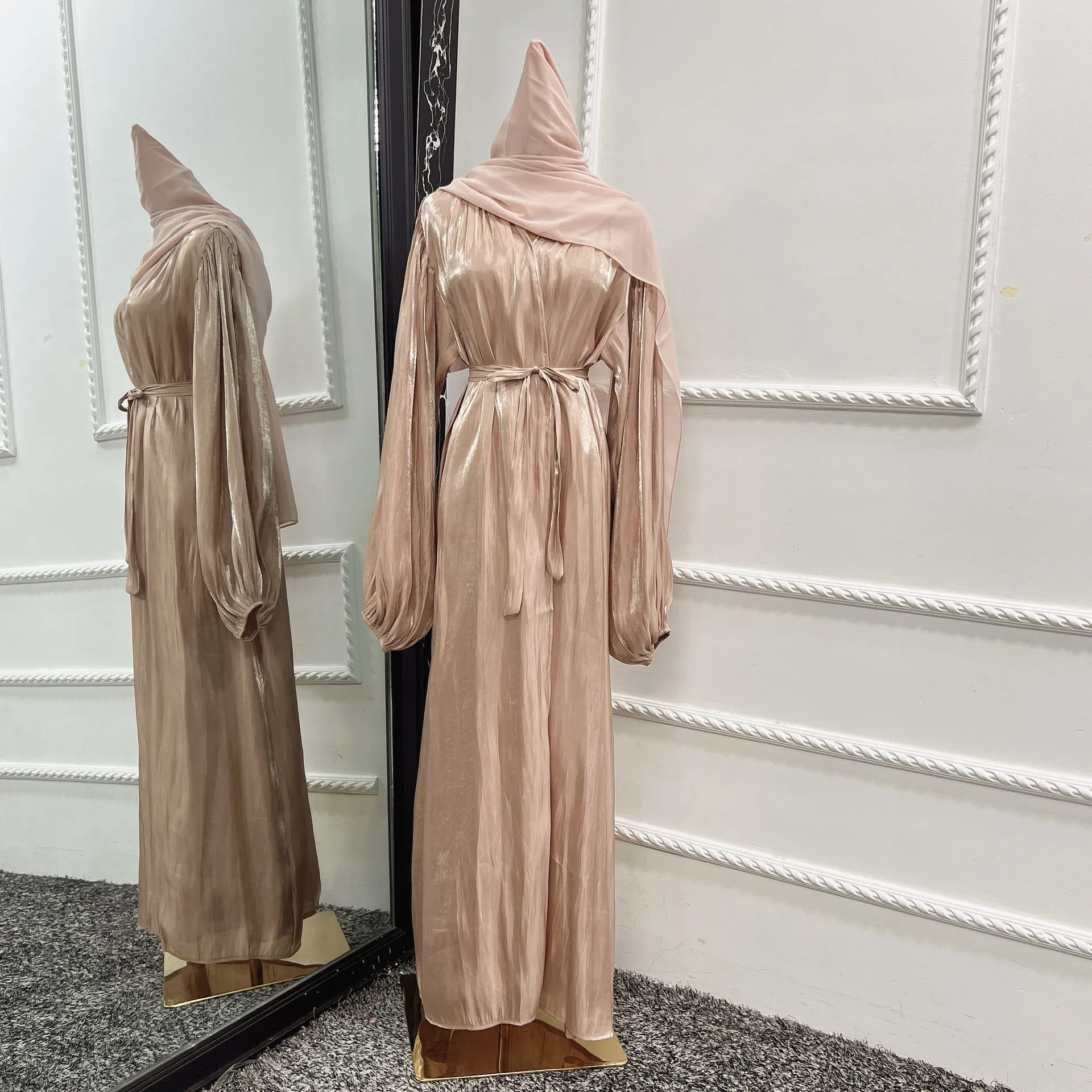 Silky Open Abaya Kimono Cardigan Summer Shiny Puff Sleeve Abayas for Women Dubai Turkey Muslim Hijab Dress Islam Clothes Kaftan