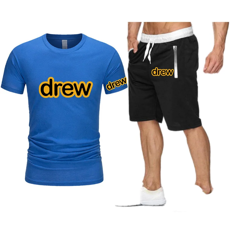 

Drew Summer Brand T-shirt Sportswear Harajuku Tops Tee Funny Solid Color Short sleeve T shirt+Beach Casual Shorts Two Pieces Set