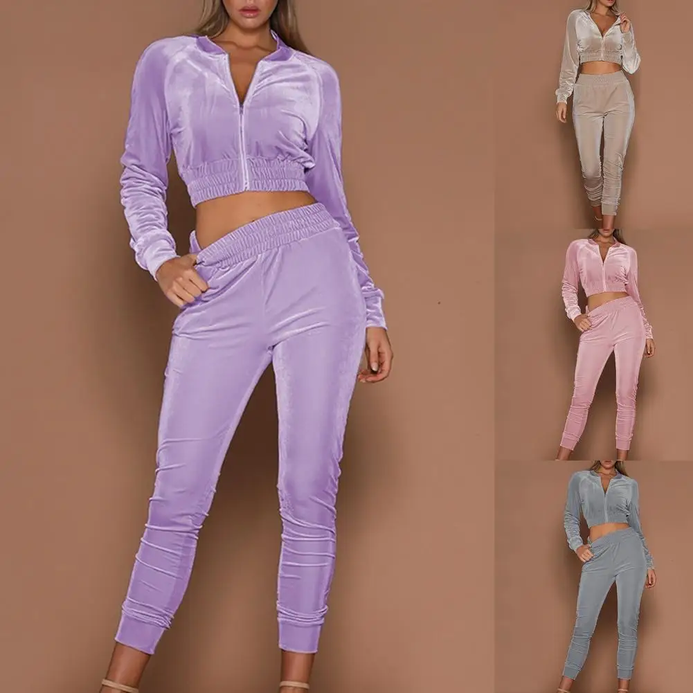 

1 Set Stylish Sport Outfit Long Sleeve Breathable Two-piece Solid Color Zipper Sweatshirt Sweatpants